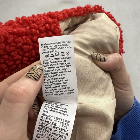 J Crew Coat Womens XSP Red Faux Fur Teddy Shearling Button Front Mid Length - Picture 9 of 12